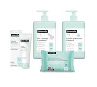 Suavinex, Kit cosmétique grand format comprenant : shampooing doux 750 ml + lait hydratant 750 ml + pommade à couches 50 ml + lot de 25 lingettes pour nouveau-né 4 produits