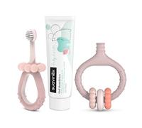 Suavinex, Kit de démarrage pour soins dentaires + brosse à dents pour bébé + masseur gingival + dentifrice pour bébé en cadeau avec poignées ergonomiques pour un usage quotidien à partir de 0 mois