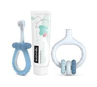 Suavinex, Kit d'hygiène dentaire, 0+ mois, bleu | Brosse à dents pour bébé + masseur de gencives + dentifrice pour bébé, poignées ergonomiques