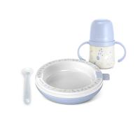 Suavinex, Kit Vaisselle Bébé avec Assiette Thermique, Maintient les Repas au Chaud. Comprend : Cuillère en Silicone + Tasse d'Apprentissage Bec en Silicone + Assiette, +6 Mois, Wild&Free, Bleu