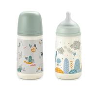 Suavinex, Lot 2 Biberons 270 ml. Biberon avec Tétine Symétrique SX Pro en Silicone à Débit Moyen (M). Avec Valve Anti-Colique. Silicone Fin Ultra-Doux. Pour Bébés, +3 Mois, Vert et Bleu