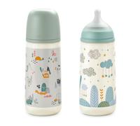 Suavinex, Lot 2 Biberons 360 ml. Biberon avec Tétine Symétrique SX Pro en Silicone à Débit Rapide (L). Avec Valve Anti-Colique. Silicone Fin Ultra-Doux. Pour Bébés, +6 Mois. Vert et Bleu