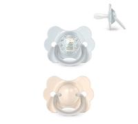 Suavinex, Lot 2 Sucettes Bébé 0/6 Mois et Nouveau-nés, Tétine Symétrique SX Pro en Silicone, Réversible, Plate et Flexible, Respecte le Développement Buccodentaire, avec Anneau, Beige + Bleu