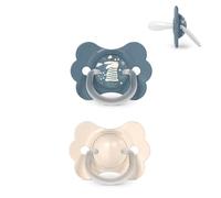 Suavinex, Lot 2 Sucettes Bébé 6/18 Mois, Tétine Symétrique SX Pro en Silicone, Réversible, Plate et Flexible, Respecte le Développement Buccodentaire, avec Anneau, Évite Irritations, Beige + Bleu