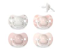 Suavinex, Lot 4 Sucettes pour Bébé 0/6 Mois, pour Nouveau-nés, Tétine Symétrique SX Pro en Silicone, Tétine plus Plate et Flexible, Réversible, Respecte le Développement Buccodentaire, Rose