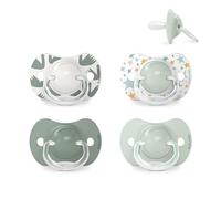 Suavinex, Lot 4 Sucettes pour Bébé 6/18 Mois, Tétine Symétrique SX Pro en Silicone, Tétine plus Plate et Flexible, Réversible, Respecte le Développement Buccodentaire, Bleu et Vert