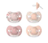 Suavinex, Lot 4 Sucettes pour Bébé 6/18 Mois, Tétine Symétrique SX Pro en Silicone, Tétine plus Plate et Flexible, Réversible, Respecte le Développement Buccodentaire, Rose