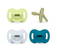 Suavinex, Lot 4 Sucettes Tout Silicone pour Nouveau-nés et Bébés 0/6 Mois, avec Tétine Symétrique SX Pro, Réversible, Super Douce et Souple, Idéal pour Dormir. Bleu, Vert