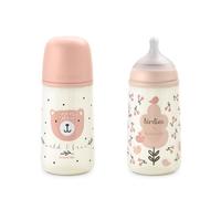 Suavinex, Lot de 2 Biberons 270 ml, Tétine Symétrique SX Pro en Silicone avec Valve Anticolique, Débit Moyen (M), Liquides de Densité Moyenne, Lait, Jus, Eau. Bébés +3 Mois. Birdies, Wild&Free, Rose