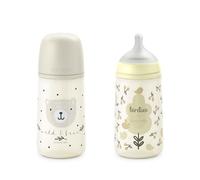 Suavinex, Lot de 2 Biberons 270 ml, Tétine Symétrique SX Pro en Silicone avec Valve Anticolique, Débit Moyen (M), Liquides de Densité Moyenne, Lait, Jus, Eau. Bébés +3 Mois. Birdies, Wild&Free, Beige