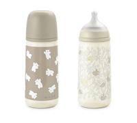 Suavinex, Lot de 2 Biberons de 360 ml, Tétine Symétrique SX Pro en Silicone avec Valve Anticolique, Débit Dense (L), Convient aux bouillies/purées liquides. Bébés +6 Mois. Birdies et Wild&Free, Beige