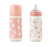 Suavinex, Lot de 2 Biberons de 360 ml, Tétine Symétrique SX Pro en Silicone avec Valve Anticolique, Débit Dense (L), Convient aux bouillies/purées liquides. Bébés +6 Mois. Birdies et Wild&Free, Rose
