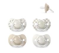 Suavinex, Lot de 4 Sucettes Bébés 0/6 Mois et Nouveau-Nés, avec Tétine Symétrique en Silicone SX Pro, Plate et Flexible, Respecte le Développement Bucco-Dentaire, Birdies et Wild&Free, Beige