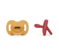 Suavinex, Pack 2 Sucettes Tout Silicone Nouveau-nés, Bébé 0/6 Mois et Naissance, avec Tétine Symétrique SX Pro, Réversible, Super Douce et Souple, Idéal pour Dormir, Colour Essence, Honey + Chili