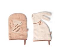 Suavinex, Pack de 2 Gants de Bain pour Bébés et Nouveau-Nés, Beige | En Éponge Coton, Douces, Délicates, Confortables, avec Attache Suspension, Séchage Rapide, Forme et Motif Petits Lapins
