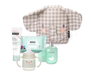 Suavinex, Sac à dos de crèche pour bébés, panier - Cadeau pour bébé avec : Baby Cologne Memories 100 ml + crème couche 50 ml + Pack 25 lingettes dermohidratantes + tasse d'apprentissage, éléphant gris