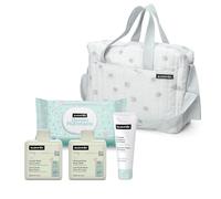 Suavinex, Sac à Langer Bébé avec Cosmétique : Gel Lavant Doux 300 ml + Lait Hydratant 300 ml + Crème de Change 75 ml + Lingettes 60 Unités. Cadeau Naissance Fille et Garçon, Panier Nouveau-Né, Bleu