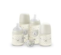 Suavinex, Set Biberons Nouveau-né, Coffret Cadeau avec : 2 x 270 ml Débit Moyen + 2 x 150 ml Débit Lent + Sucette de 0 à 6 Mois, Tétines Symétriques SX Pro en Silicone, 5 Pièces, +0M, Wild&Free Gris