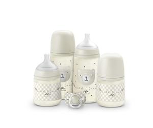 Suavinex, Set Biberons Nouveau-né, Coffret Cadeau avec : 2 x 270 ml Débit Moyen + 2 x 150 ml Débit Lent + Sucette de 0 à 6 Mois, Tétines Symétriques SX Pro en Silicone, 5 Pièces, +0M, Wild&Free Gris