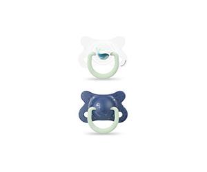 Suavinex, Set de 2 Sucettes Phosphorescentes. Sucettes Symétriques en Silicone. Night&Day. Sucette -2-4 Mois, Baleine Bleu, 2 Unités