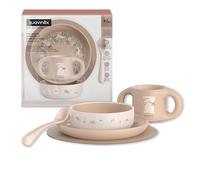 Suavinex, Set Vaisselle Bébé. Coffret Repas Enfant, 5 pièces. Comprend : Assiette + Bol + Tasse + Cuillère + Nappe Antidérapante. 6+ Mois. Durable, Apte pour le lave-vaisselle, Micro-onde. Rose