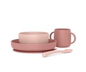 Suavinex, Set Vaisselle Silicone, Coffret Repas Bébé, avec Ventouse. 4 Pièces, Bol + Assiette + Tasse + Cuillère. Anti-dérapant, Empilable, Compatible Lave-vaisselle et Micro-onde. +4 Mois. Rose