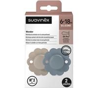 Suavinex, Lot de 2 Sucettes Bébé 6/18 Mois, Sucette Ronde avec Tétine Symétrique SX Pro en Silicone, Réversible, Plate, Flexible, Respecte le Développement Buccodentaire, Wonder Gray/Lake