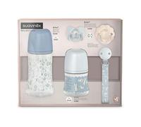 Suavinex, Coffret Cadeau Nouveau-né avec Biberons Anti-coliques 150 ml Débit Lent + 270 ml Débit Moyen + 2 Sucettes 0/6 Mois avec Téterelle Physiologique SX Pro + Attache-sucette. Wonderland Bleu