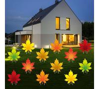 Subacy Lot de 12 panneaux de cour en feuille d'érable avec lumières LED, panneaux de pelouse avec piquets, décorations de jardin d'automne pour Thanksgiving, fête d'Halloween