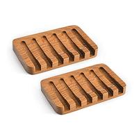 SUBEKYU Porte-savon en bois pour salle de bain/douche, porte-savon avec plateau auto-drainant, économiseur de savon en cascade naturelle, teck (2P)