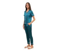 Sublime Secret Ensemble de Pyjama Femme en Satin, Chemise Manches Courtes à Boutons, Assorti avec Un Pantalon Large à Poches. (FR/ES, Alpha/Lettres, M, Taille Normale, Taille Normale, Bleu Pétrole)