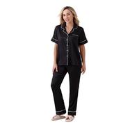 Sublime Secret Ensemble de Pyjama Femme en Satin, Chemise Manches Courtes à Boutons, Assorti avec Un Pantalon Large à Poches. (FR/ES, Alpha/Lettres, TG, Taille Normale, Taille Normale, Noir)