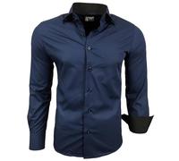 Subliminal Mode - Chemise Homme Bicolore uni Manches Longues Coupe Slim Business RN44,S,Bleu Marine