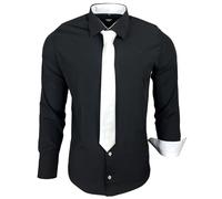 Subliminal Mode - Chemise Homme Manches Longues Col Bicolore Uni + Cravate Blanche Chemise Coupe Ajusté Business Repassage Facile RN77 Noir XXL