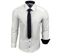 Subliminal Mode - Chemise Homme Manches Longues Col Bicolore Uni + Cravate Noir Chemise Coupe Ajusté Business Repassage Facile RN77 Blanc XL