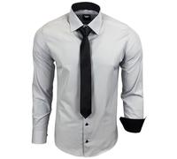 Subliminal Mode - Chemise Homme Manches Longues Col Bicolore Uni + Cravate Noir Chemise Coupe Ajusté Business Repassage Facile RN77 Gris Clair S