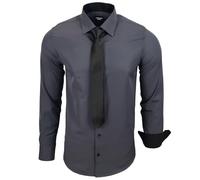 Subliminal Mode - Chemise Homme Manches Longues Col Bicolore Uni + Cravate Noir Chemise Coupe Ajusté Business Repassage Facile RN77 Gris Anthracite S
