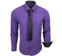 Subliminal Mode - Chemise Homme Manches Longues Col Bicolore Uni + Cravate Noir Chemise Coupe Ajusté Business Repassage Facile RN77 Violet M