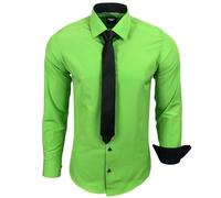 Subliminal Mode - Chemise Homme Manches Longues Col Bicolore Uni + Cravate Noir Chemise Coupe Ajusté Business Repassage Facile RN77 Vert S