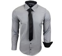 Subliminal Mode - Chemise Homme Manches Longues Col Bicolore Uni + Cravate Noir Chemise Coupe Ajusté Business Repassage Facile RN77 Gris XL