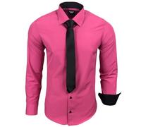 Subliminal Mode - Chemise Homme Manches Longues Col Bicolore Uni + Cravate Noir Chemise Coupe Ajusté Business Repassage Facile RN77 Rose Fushia XL