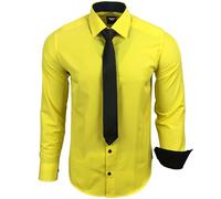 Subliminal Mode - Chemise Homme Manches Longues Col Bicolore Uni + Cravate Noir Chemise Coupe Ajusté Business Repassage Facile RN77 Jaune XL