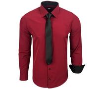 Subliminal Mode - Chemise Homme Manches Longues Col Bicolore Uni + Cravate Noir Chemise Coupe Ajusté Business Repassage Facile RN77 Bordeaux L