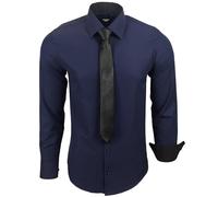 Subliminal Mode - Chemise Homme Manches Longues Col Bicolore Uni + Cravate Noir Chemise Coupe Ajusté Business Repassage Facile RN77 Bleu Marine L