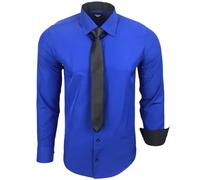 Subliminal Mode - Chemise Homme Manches Longues Col Bicolore Uni + Cravate Noir Chemise Coupe Ajusté Business Repassage Facile RN77 Bleu Roi XL