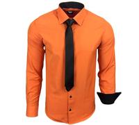 Subliminal Mode - Chemise Homme Manches Longues Col Bicolore Uni + Cravate Noir Chemise Coupe Ajusté Business Repassage Facile RN77 Orange S