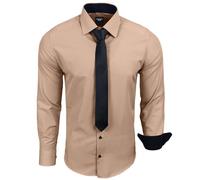 Subliminal Mode - Chemise Homme Manches Longues Col Bicolore Uni + Cravate Noir Chemise Coupe Ajusté Business Repassage Facile RN77 Beige L