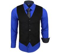 Subliminal Mode - Gilet + Chemise + Cravate Homme Col Bicolore Uni Manches Longues Coupe Ajusté Business Repassage Facile RN33 Noir et Bleu Roi M