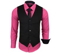 Subliminal Mode - Gilet + Chemise + Cravate Homme Col Bicolore Uni Manches Longues Coupe Ajusté Business Repassage Facile RN33 Noir et Rose Fushia M