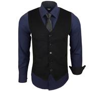 Subliminal Mode - Gilet + Chemise + Cravate Homme Col Bicolore Uni Manches Longues Coupe Ajusté Business Repassage Facile RN33 Noir et Bleu Marine M